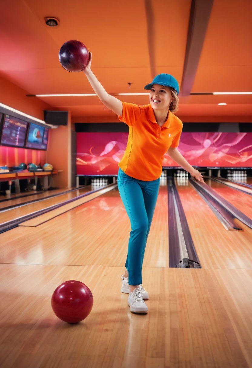 A dynamic bowling scene showcasing a diverse group of bowlers of all ages and backgrounds enthusiastically interacting in a bowling alley. Include vibrant bowling balls in mid-roll, colorful bowling pins flying, and an illuminated scoreboard displaying high scores. A warm, inviting atmosphere filled with laughter and excitement, emphasizing the sense of community and passion for the sport. bright colors. cinematic style. dynamic motion.