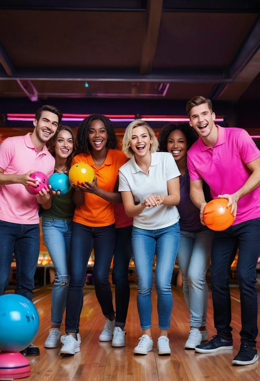 A group of cheerful bowlers celebrating in a vibrant bowling alley, with colorful bowling balls, glowing neon lights, and animated expressions of joy. Capture the camaraderie and teamwork among diverse bowlers, wearing stylish bowling attire, while trophies and achievement banners are visible in the background. The atmosphere should be energetic and inviting, showcasing the essence of success and happiness in a community league. super-realistic. vibrant colors. dynamic composition.