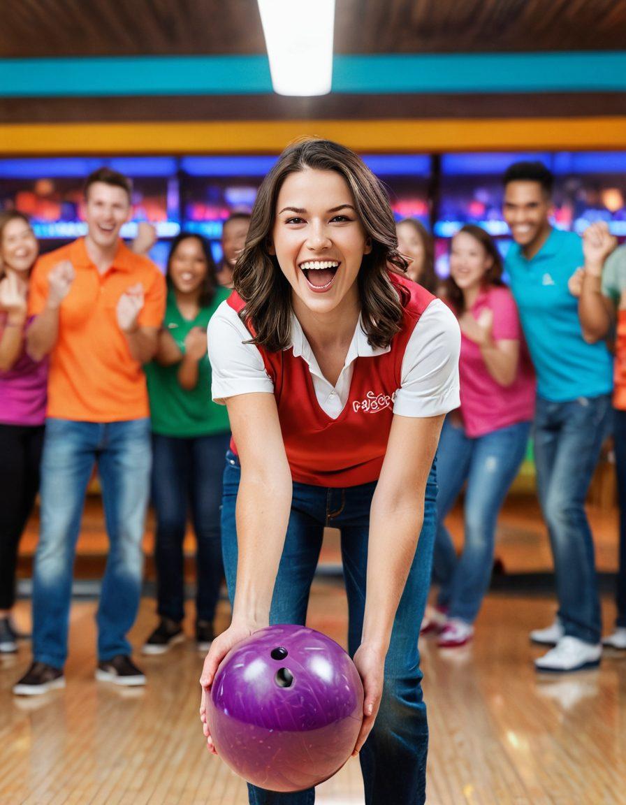 A vibrant scene of a joyful bowler mid-action, releasing a colorful bowling ball with a bright smile, surrounded by cheering teammates in a lively bowling alley. The atmosphere is filled with colorful lights and a sense of camaraderie, showcasing bowling trophies in the background. Overlay text reads 'Unleashing Joy'. super-realistic. vibrant colors. festive lighting.